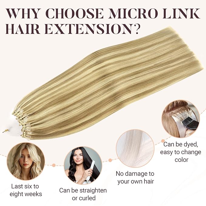MAXITA Microlink Hair Extensions Human Hair, Light Blonde Highlighted Golden Blonde Micro Bead Hair Extensions Virgin Human Hair, 50g/50 Strands/Pack, 22 In