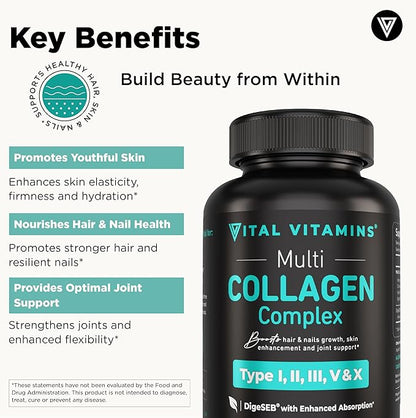 Vital Vitamins Multi Collagen for Women & Men - Type I, II, III, V, X - Grass Fed, Non-GMO - 150 Capsules