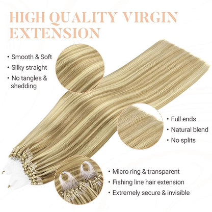 MAXITA Microlink Hair Extensions Human Hair, Light Blonde Highlighted Golden Blonde Micro Bead Hair Extensions Virgin Human Hair, 50g/50 Strands/Pack, 22 In