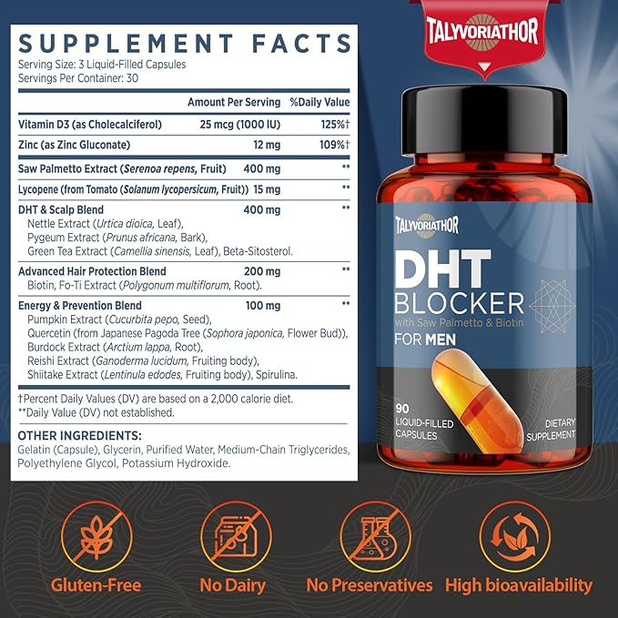 DHT Blocker for Men with Saw Palmetto & Biotin, Hair Growth Formula in Liquid-Filled Capsules, Hair Loss Supplements, Hair Regrowth Vitamins, Proprietary Herbal Blends - 90 Capsules(1 Bottle)