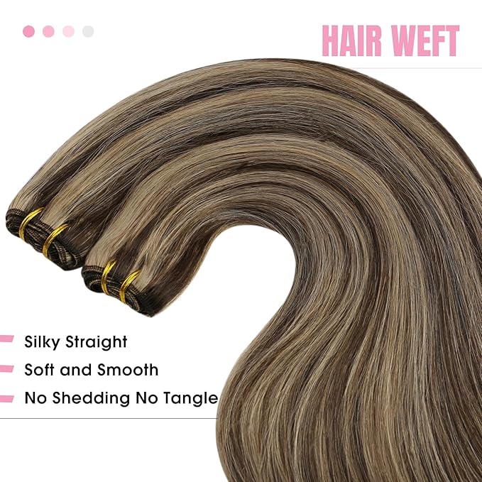 YoungSee Weft Hair Extensions Balayage Sew in Hair Extensions Dark Brown Mix Caramel Blonde Highlights Human Hair Weft Extensions Brown 20Inch 100G
