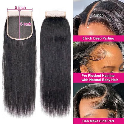 5x5 Transparent HD Lace Closure Silky Straight Hair Closure Invisible Lace 12A Brazilian Virgin Remy Human Hair Frontal Closure Pre Plucked with Baby Hair Natural Black 8 Inch
