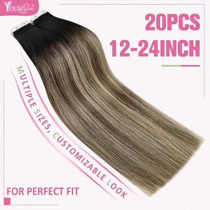YoungSee Human Hair Tape in Extensions Balayage 14Inch 50g Tape Hair Extensions Real Human Hair Black Ombre Brown Invisible Tape in Hair Extensions 20pcs Tape Human Hair Extensions Silky Straight