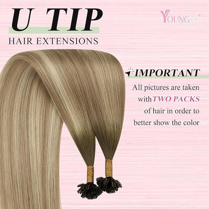 YoungSee Utip Hair Extensions Human Hair Balayage U Tip Extensions Dark Brown Ombre Brown with Blonde 14 Inch Soft 50s/50g