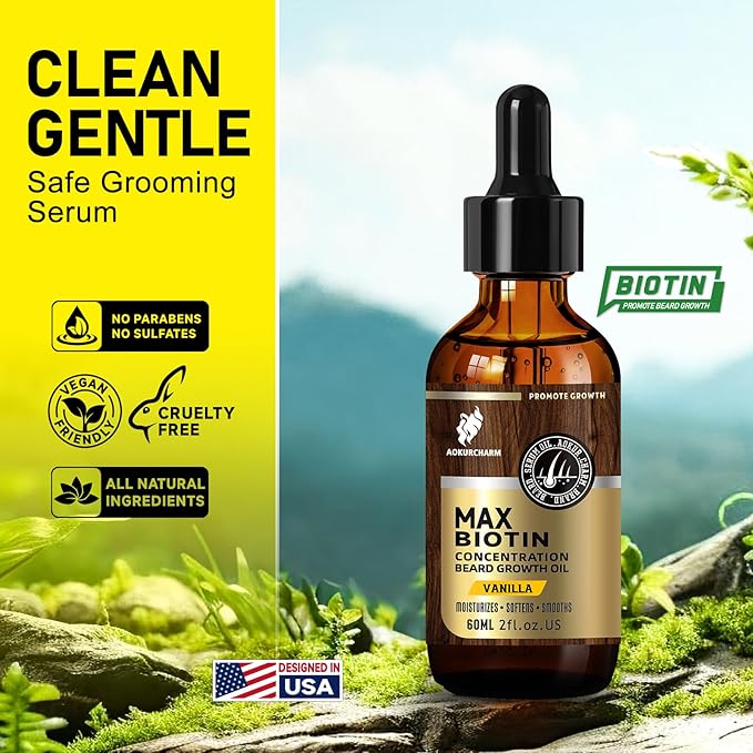 Biotin Beard Oil for Men – Vanilla Scented Growth & Softening Oil with Castor, Vitamin B5 & Grape Seed – Leave-In Beard Conditioner for Coarse or Patchy Beards – Gift for Him – 2 oz