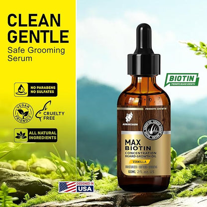 Biotin Beard Oil for Men – Vanilla Scented Growth & Softening Oil with Castor, Vitamin B5 & Grape Seed – Leave-In Beard Conditioner for Coarse or Patchy Beards – Gift for Him – 2 oz
