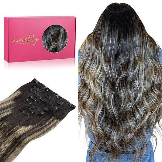 WENNALIFE Clip in Human Hair Extensions, 18 Inch 120g 7pcs Balayage Natural Black to Light Blonde Hair Extensions Remy Real Human Hair Double Weft