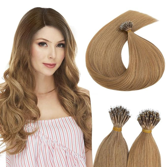 Nano Bead Human Hair Extensions - Nano Bond & Tip Extensions, Silky Straight Natural 50g/50 Stands 16" Dark Blonde
