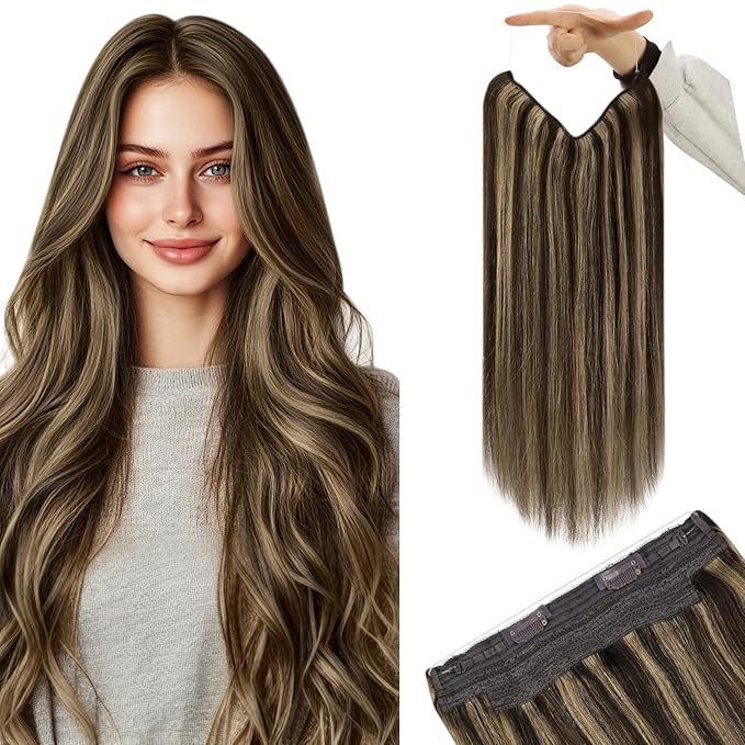 YoungSee 120G Wire Hair Extensions Highlight Fish Line Hair Extensions Human Hair Dark Brown Highlight Blonde Invisible Wire Real Human Hair Extension Heat-Styable for Party 18inch