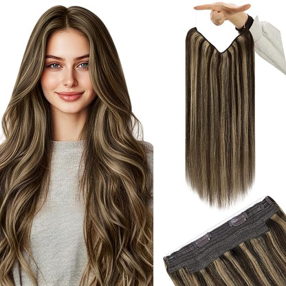 YoungSee 120G Wire Hair Extensions Highlight Fish Line Hair Extensions Human Hair Dark Brown Highlight Blonde Invisible Wire Real Human Hair Extension Heat-Styable for Party 18inch