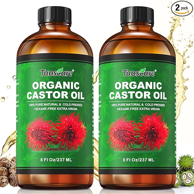 2 Pack Castor Oil Organic Cold Pressed Unrefined Glass Bottle with 2 Pumps – Pure & Hexane-Free for Hair Growth, Skin Care, Lashes, Brows, Body Nourishment – Ideal for Caster Oils Pack Wrap
