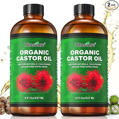 2 Pack Castor Oil Organic Cold Pressed Unrefined Glass Bottle with 2 Pumps – Pure & Hexane-Free for Hair Growth, Skin Care, Lashes, Brows, Body Nourishment – Ideal for Caster Oils Pack Wrap