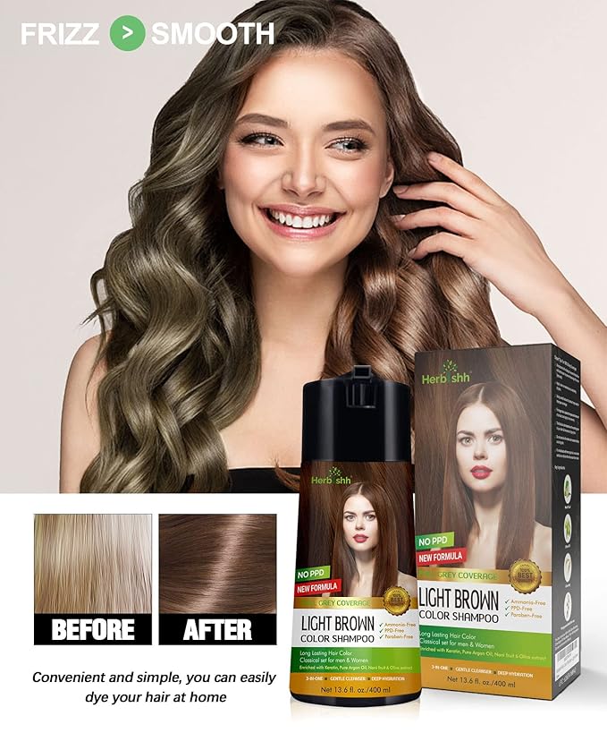 Herbishh Hair Color Shampoo - Enriched Dye Formula for Gray Hair - Long Lasting & DIY (Light Brown)