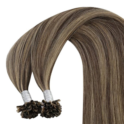 YoungSee Highlight U Tip Hair Extensions Human Hair Brown with Blonde U Tips Human Hair Extensions Brown Utip Real Hair Extensions Brown Hot Fusion Extensions Highlight K Tip Extensions 22In 1G/S 50G