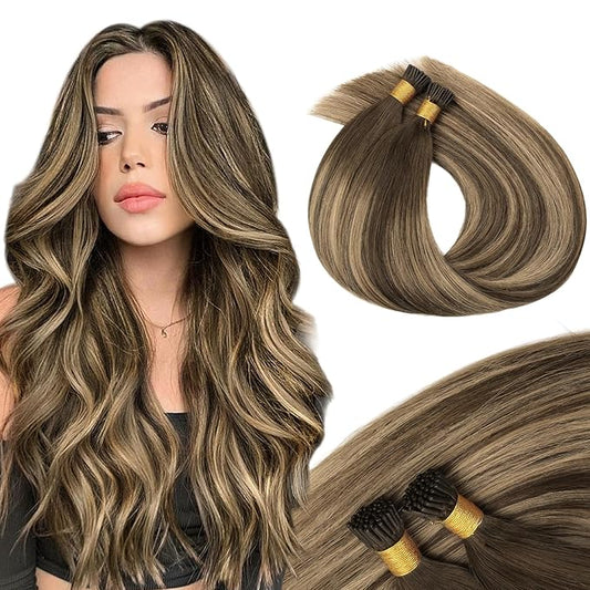 MAXITA I Tip Hair Extensions Human Hair, Balayage Chocolate Brown to Caramel Blonde 100g/50s 24 Inch,Comfortable Wear, 100% Remy Human Hair, Real Human Itip Keratin Hair Extensions