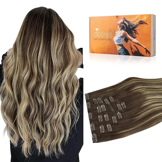 DOORES Clip in Hair Extensions, Balayage Chocolate Brown to Honey Blonde 135g 7pcs 16 Inch, Real Human Hair Extensions Clip ins Straight Thick Weft