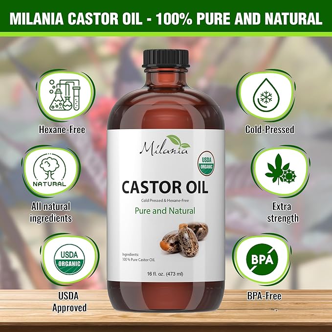 MILANIA Organic Castor Oil - Glass Bottle - Cold Pressed & Hexane-Free (16 fl. oz.)