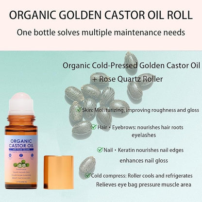 Organic Castor Oil with Rose Quartz Roller, 100% Pure Cold-Pressed, Organic Castor Oil Roll On Rose Quartz, Hexane-Free,Amber Glass Bottle for Skin 1.7oz (1)