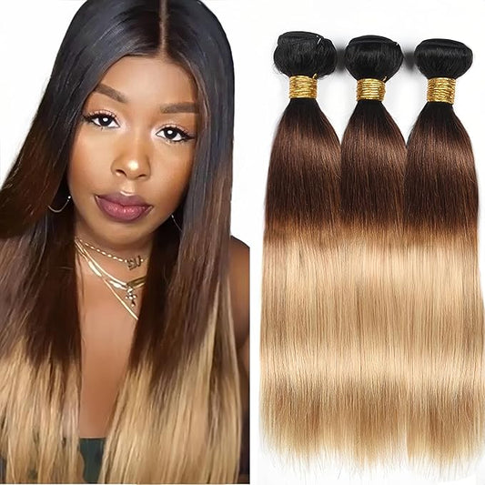 28 30 32 Inch Ombre Bundles Human Hair Color 27 Straight Bundles Peruvian Unprocessed Virgin Remy Hair Extensions Double Weft Real Blonde Bundle Hair Weave