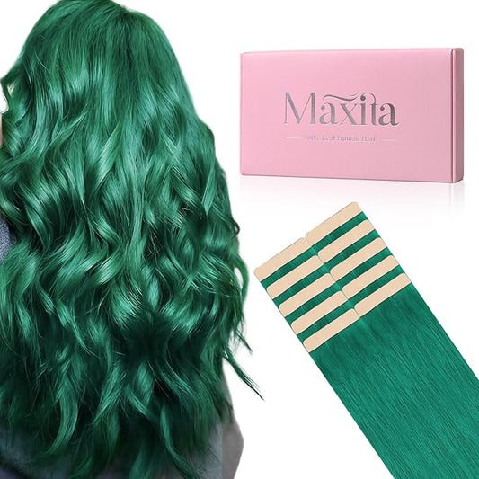 MAXITA Tape in Hair Extensions Human Hair Green Tape in Extensions 24 Inch 10pcs 30g Remy Invisible Silky Straight Colored Soft Real Human Hair Extensions