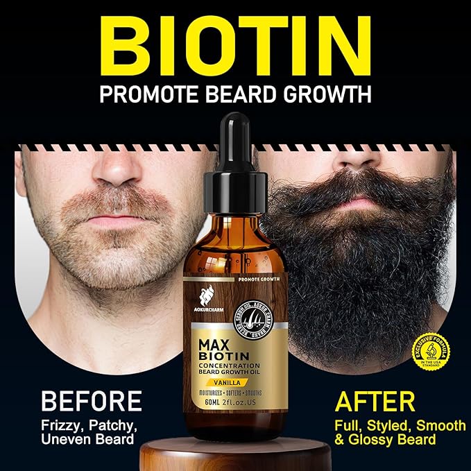 Biotin Beard Oil for Men – Vanilla Scented Growth & Softening Oil with Castor, Vitamin B5 & Grape Seed – Leave-In Beard Conditioner for Coarse or Patchy Beards – Gift for Him – 2 oz