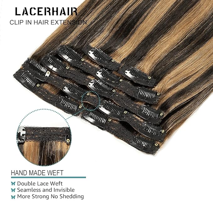 Lacer Remy Hair Clip in Extensions Human Hair Color P#1B/30 Auburn Brown Highlight Natural Black 20 Inch Invisible Human Hair Clip in Extensions Full Head 7pcs 140G