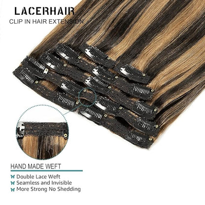 Lacer Remy Hair Clip in Extensions Human Hair Color P#1B/30 Auburn Brown Highlight Natural Black 20 Inch Invisible Human Hair Clip in Extensions Full Head 7pcs 140G