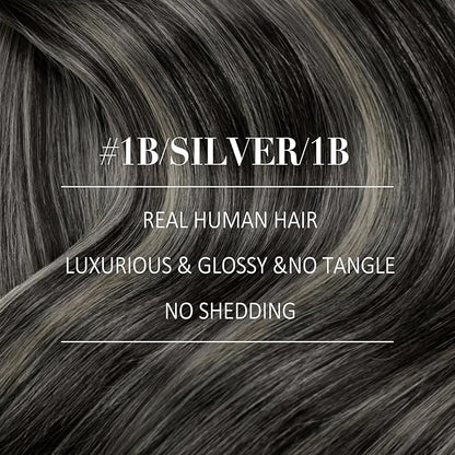YoungSee Clip in Hair Extensions Ombre Black Hair Extensions Clip ins Blend of Black and Silver with Black Roots Invisible Clip in Hair Extensions Human Hair Easy to Wear 16Inch 120G 7Pcs