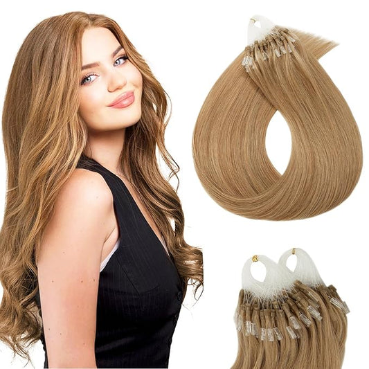 Micro Link Hair Extensions Human Hair Micro Bead Extensions Micro Loop Micro Ring Human Hair Extensions for Women Silky Straight Natural 50g/100 Stands 22" Dark Blonde