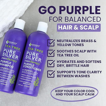 Tea Tree Purple Shampoo & Conditioner Set for Blonde, Bleached, Silver & Grey Hair, Anti Brass Toner, Boosts Highlights & Revitalizes Color, Relieves Itchy Scalp, 16 fl oz Each