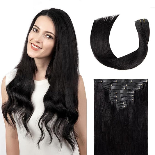 Clip in Hair Extensions Real Human Hair Natural Black Seamless Clip In 100% Remy Hair Extensions PU Skin Weft Add Volume Invisible for Long Straight Hair #1B 20Inch 120G 8PCS