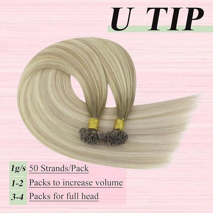 YoungSee U Tip Hair Extensions Human Hair Ash Blonde with Platinum Blonde Balayage Utip Real Hair Extensions for Women Keratin Hair Extensions Human Hair Balayage U Tips Hair Extensions 20In 1G/S 50G