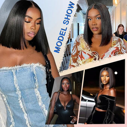 XZZ Wear and Go Glueless Bob Wig Human Hair Pre Plucked Pre Cut 200% Density Black Bob Human Hair Wig 16 Inch 9x6 HD Closure Lace Front Glueless Wigs Human Hair Short Straight Bob Wigs for Women