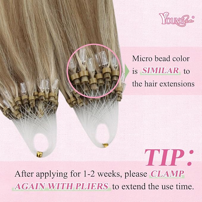 YoungSee Microbead Hair Extensions Highlight Microlink Hair Extensions Human Hair Light Brown Highlight Blonde Micro Beads Hair Extensions for Short Hair 14In 50s 50g Beaded Hair Extensions Soft