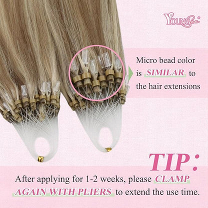 YoungSee Microbead Hair Extensions Highlight Microlink Hair Extensions Human Hair Light Brown Highlight Blonde Micro Beads Hair Extensions for Short Hair 14In 50s 50g Beaded Hair Extensions Soft