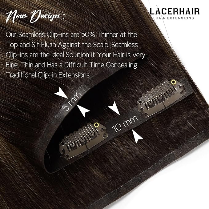 Lacer Clip in Hair Extensions Real Human Hair 16in 7Pcs Seamless Human Hair Clip in Extensions Balayage Natural Black to Chestnut Brown 18 Clips 110 Grams PU Skin Weft For Women