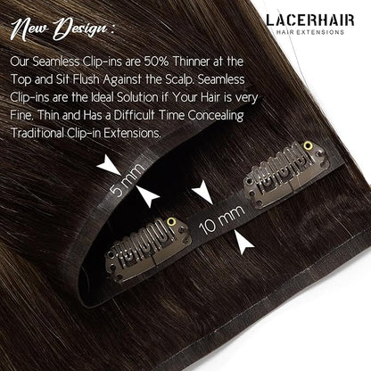 Lacer Clip in Hair Extensions Real Human Hair 16in 7Pcs Seamless Human Hair Clip in Extensions Balayage Natural Black to Chestnut Brown 18 Clips 110 Grams PU Skin Weft For Women
