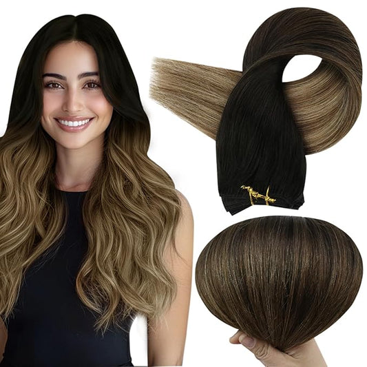 Full Shine Weft Hair Extensions Human Hair Invisible Sew In Hair Extensions Real Human Hair Sew In Extensions Remy Hair Balayage Weft Extensions Color Natural Black To Light Brown Mix Blonde 22 Inch