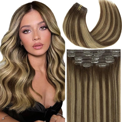Lacer Human Hair Clip in Extensions 7Pcs 20 Inch Seamless Clip in Hair Extensions Highlignt Warm Brown to Dark Caramel Blonde Invisible PU Skin Weft Natural Human Hair 110Grams 18 Clips