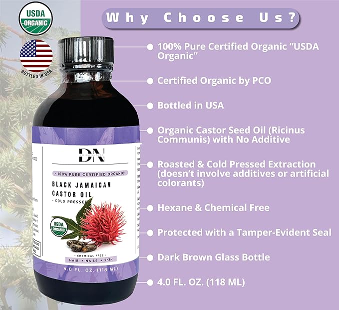 DN USDA Certified Organic Jamaican Black Castor Oil, Hexane-Free Cold-Pressed (4 Fl Oz) in Glass Bottle - Unrefined, For Hair Growth & Skin Care