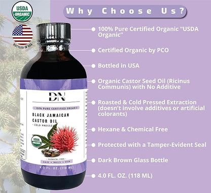 DN USDA Certified Organic Jamaican Black Castor Oil, Hexane-Free Cold-Pressed (4 Fl Oz) in Glass Bottle - Unrefined, For Hair Growth & Skin Care