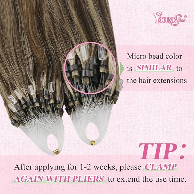 YoungSee Microlink Hair Extensions Human Hair Brown Highlight Micro Beads Hair Extensions Dark Brown Highlight Caramel Blonde Bead Hair Extensions Real Human Hair Short Hair Extensions 14 Inch 50g 50s