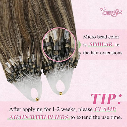 YoungSee Microlink Hair Extensions Human Hair Brown Highlight Micro Beads Hair Extensions Dark Brown Highlight Caramel Blonde Bead Hair Extensions Real Human Hair Short Hair Extensions 14 Inch 50g 50s