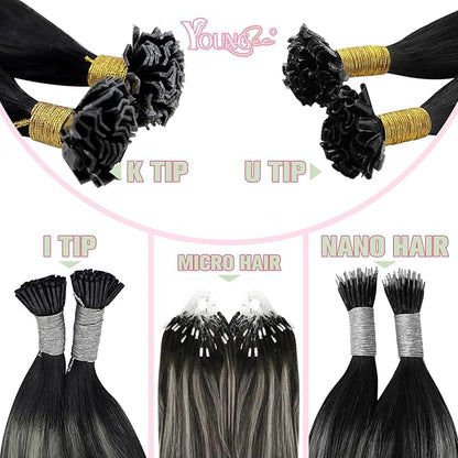 YoungSee K Tip Human Hair Extensions Ombre U Tip Extensions Human Hair Straight Ktip Real Hair Extensions Natural Black Roots to Silver Grey Balayage Hair Extensions K Tip 50g 22inch 50s