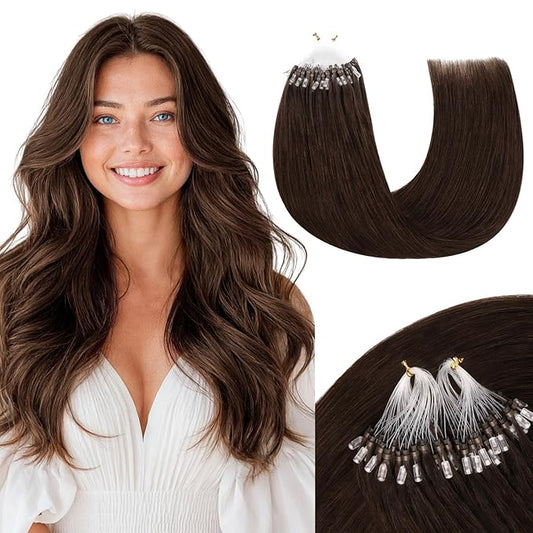 MAXITA Microlink Hair Extensions Human Hair, Chocolate Brown Micro Bead Hair Extensions Virgin Human Hair, 50g/50 Strands/Pack, 16 In