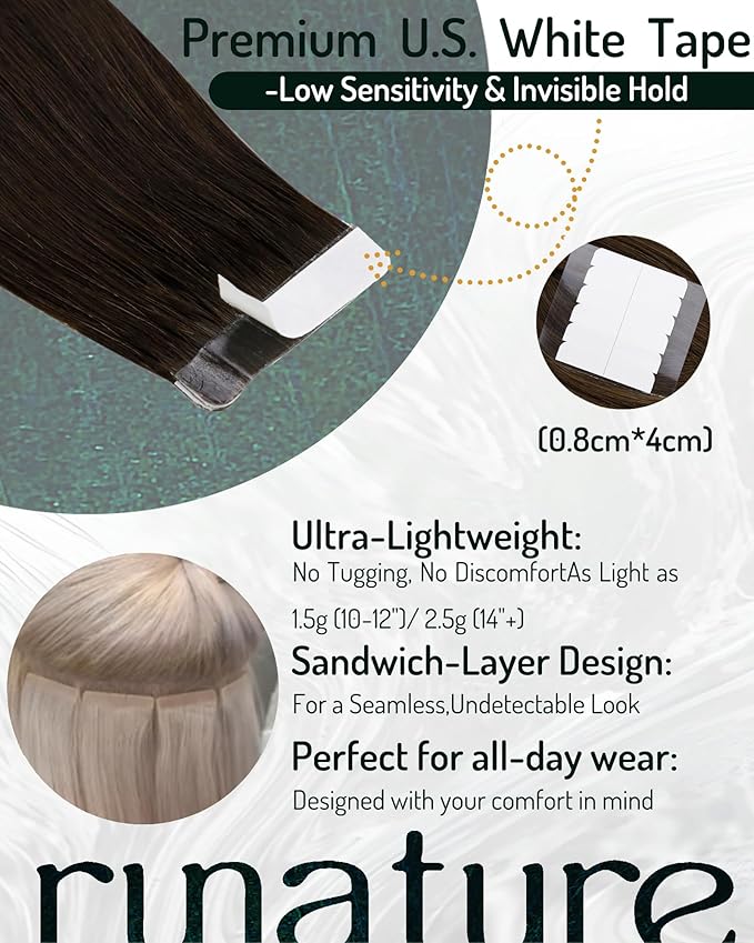 RUNATURE Brown Tape ins Human Hair Extensions Straight Tape in Hair Extensions Full Ends Silky Straight Human Hair Tape in Extensions Skin Weft Natural Hair Glue in Extensions 10 Inch 30 Gram 20pcs