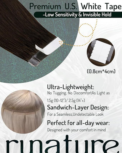 RUNATURE Brown Tape ins Human Hair Extensions Straight Tape in Hair Extensions Full Ends Silky Straight Human Hair Tape in Extensions Skin Weft Natural Hair Glue in Extensions 10 Inch 30 Gram 20pcs