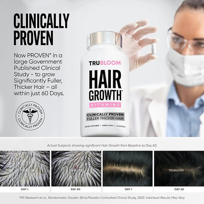 Tru Bloom Hair Growth Vitamins - 1 Month Supply. Clinically Proven to Grow Fuller, Thicker Hair. Natural & Drug-Free with Biotin, MSM, Zinc, D3 + Hair Superfoods. Non GMO