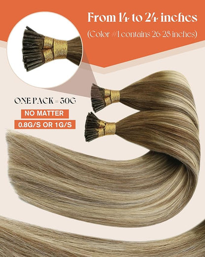 Sunny Hair Long I Tip Hair Extensions Brown Ombre Itips Human Hair Extensions Soft Pre Bonded Hair EXtensions Real Human Hair 22inch 50g