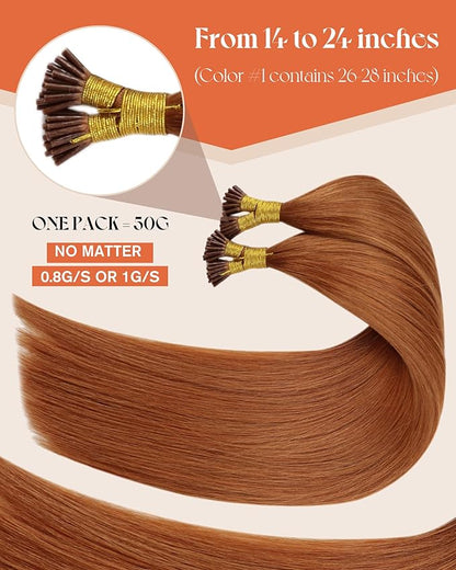 Sunny Hair I Tip Hair Extensions Human Hair Copper I Tips Hair Extension Real Human Hair for Women I Tip Hair Extensions Human Hair Soft and Silky Itip Hair Extensions 16inch 50G 80S